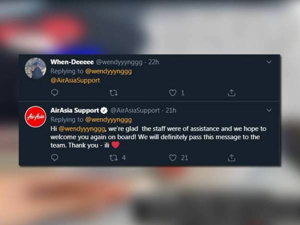 Tangkap layar komen Twitter Wendy dan AirAsia.