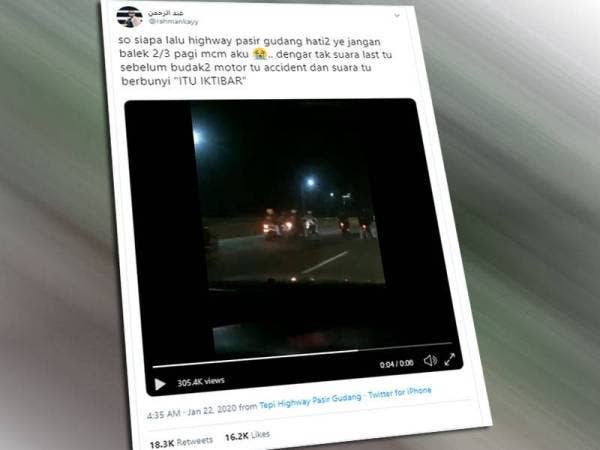 Insiden yang meremangkan bulu roma itu dikongsi oleh @rahmankayy melalui laman Twitternya, kini tular di media sosial yang meraih 306,300 tontonan dan 18,300 ulang kicau.