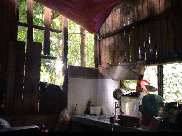 Dinding dan atap rumah yang berlubang cuba ditutup dengan kanvas bagi mengelak dimasuki air hujan.