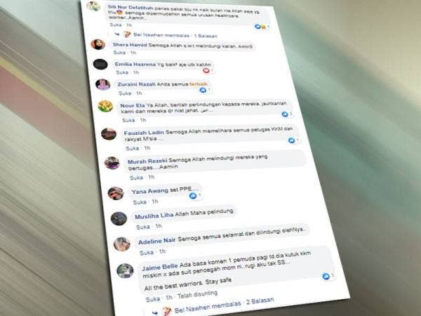 Antara reaksi netizen mendoakan pasukan perubatan diberi kekuatan dan dilindungi daripada jangkitan supaya boleh menggalas amanah diberikan dalam merawat pesakit koronavirus.