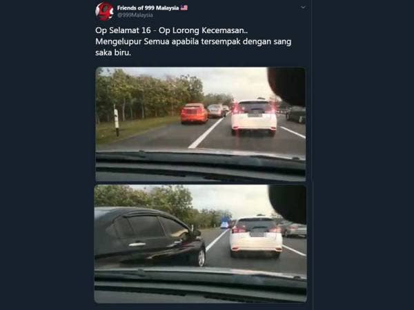 Paparan Twitter @999Malaysia menunjukkan segelintir pengguna jalan raya masih memilih laluan kecemasan bagi mengelak kesesakan lalu lintas ketika cuti Tahun Baru Cina baru-baru ini.