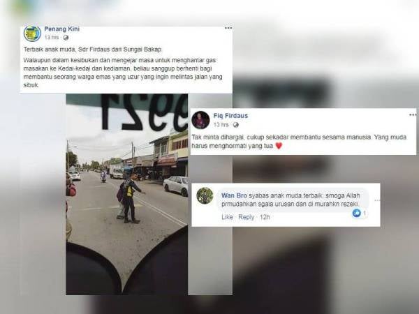 Tindakan Firdaus membantu warga emas melintas jalan mencuri perhatian netizen.