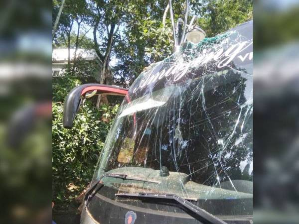 Keadaan bas rosak selepas dihempap pokok tumbang.
Foto: APM