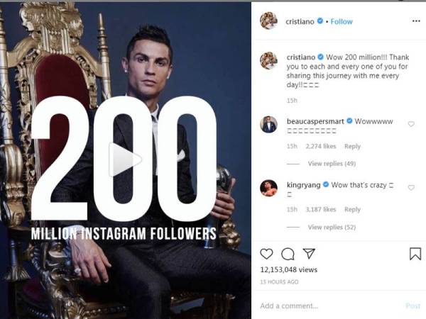 Perkongsian Ronaldo kini tular di media sosial yang meraih kira-kira 12 juta tanda suka
