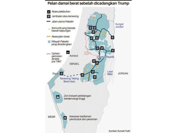 Peta berat sebelah itu menyaksikan Israel bakal meluaskan pendudukan mereka di wilayah Palestin.