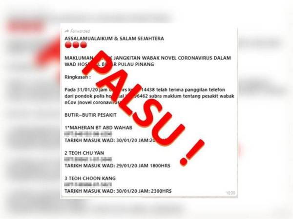 Mesej palsu yang tular di media sosial kononnya berlaku kes jangkitan koronavirus di Pulau Pinang.