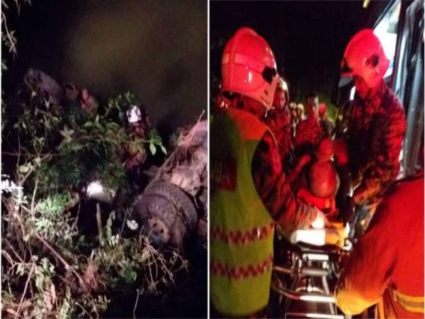 Anggota bomba menggerakkan operasi menyelamatkan mangsa selepas terperangkap setelah lori balak dipandunya terbabas dan terjunam ke dalam sungai di Jalan Gombak Lama di sini, malam tadi. - Foto: JBPM