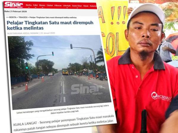 Sinar Harian melaporkan seorang pelajar Tingkatan Satu maut, manakala rakannya patah tangan dalam kejadian kemalangan langgar lari 21 Januari lalu. Gambar kanan: Zaidi