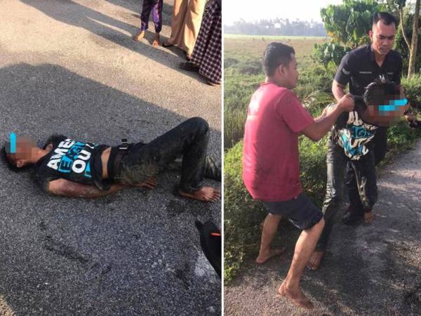 Suspek ditahan di kawasan sawah padi berhampiran rumahnya.