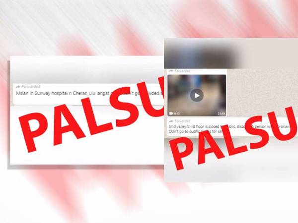 Mesej tular di media sosial berhubung berlakunya jangkitan koronavirus yang didakwa dikesan di satu kawasan di pusat beli belah Mid Valley dan Hospital Sunway Cheras.
