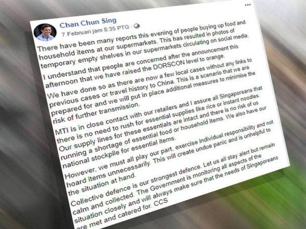 Chun Sing dalam satu kenyataan menerusi laman Facebooknya memberitahu tiada keperluan untuk orang ramai melakukan pembelian panik kerana bekalan sentiasa mencukupi.