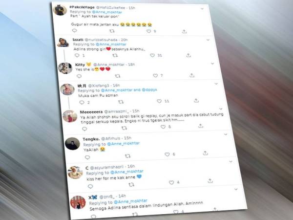 Antara reaksi netizen yang sebak dan bersedih melihat situasi yang menimpa Adlina di samping ada yang berkongsi pengalaman yang hampir sama dengan kanak-kanak itu.