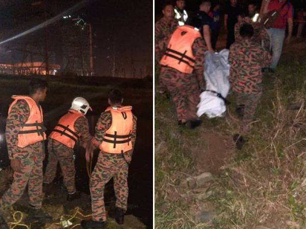 Anggota bomba melakukan operasi mencari dan menyelamat tiga kanak-kanak yang lemas di sebuah tasik di Jalan Kunyit, Taman Sri Amar Kampung Melayu Majidee malam ini. - Foto: JBPM