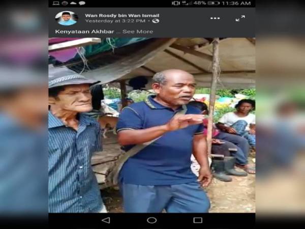 Tangkap layar video penjelasan wakil masyarakat orang asli yang mencari rezeki tambahan di kawasan tapak pelupusan sampah berdekatan Bukit Ibam yang dikongsi melalui Facebook rasmi Menteri Besar.