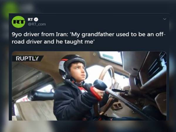 Mohammad Mehdi, 9, mahir kendalikan pacuan empat roda. - Foto Twitter RT 