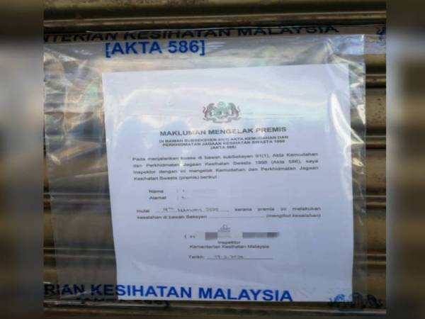 Notis sitaan dikeluarkan ke atas klinik tersebut.