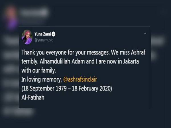 Paparan Twitter Yuna maklumkan dia dan suami kini berada di Jakarta. 