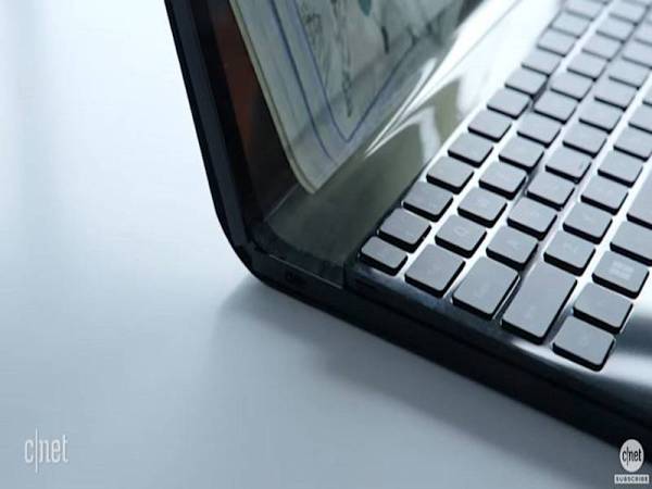 KOMPUTER riba boleh dilipat menjadi bentuk L atau dijadikan sebagai tablet mudah alih selain paparan papan kekunci maya.
