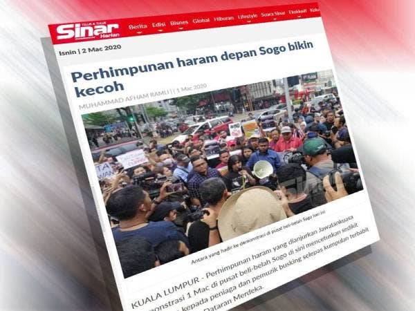 Laporan Sinar Harian berhubung perhimpunan yang diadakan di hadapan pusat beli-belah di ibu negara, semalam.