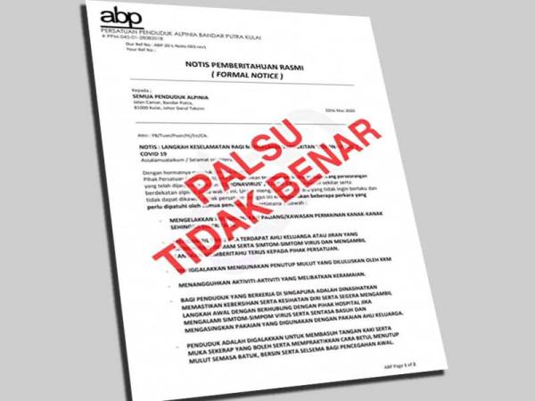 Surat rasmi daripada Persatuan Penduduk Alpinia Bandar Putra Kulai tular di media sosial menyatakan ada individu dijangkiti Covid-19 di sekitar kawasan perumahan itu.