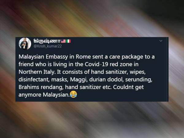 Ciapan @krish_kumar22 memaklumkan rakannya yang tinggal di zon merah Covid-19 di utara Itali menerima pek makanan dan penjagaan kesihatan daripada Kedutaan Malaysia.