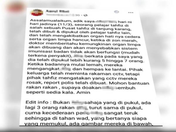 Abang mangsa memuat naik status berhubung kejadian yang menimpa adiknya di Facebook semalam.