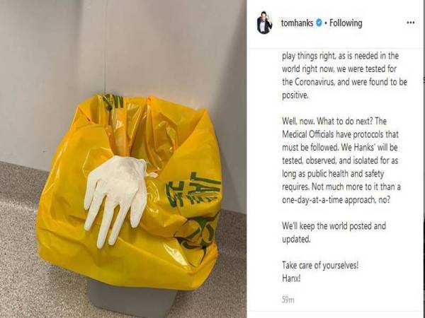 Tom Hanks memuat naik status setelah beliau dan isteri disahkan positif Covid-19 di Instagram miliknya. 