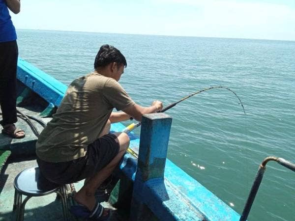 Aksi yang dapat dilihat ketika pemancing berusaha menaikkan boron. - Foto ASRA JUMADI RAMLEE dan KRMBSA