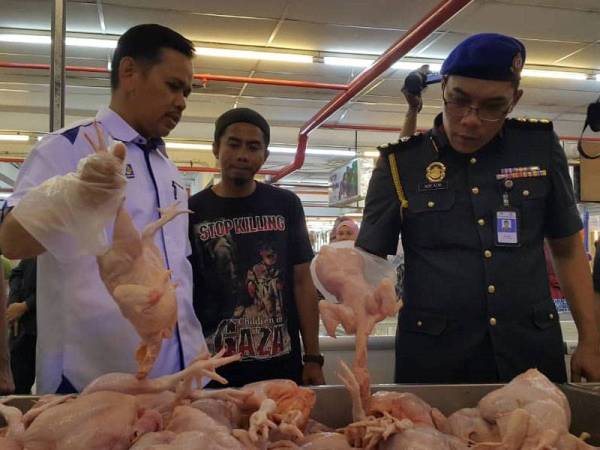 Saharuddin melihat bekalan ayam di Sabasun. Pembelian bahan mentah itu dihadkan kepada dua ekor kepada setiap pelanggan hari ini.