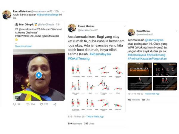 Reezal memuat naik gambar pergerakan senaman yang boleh dilakukan di rumah