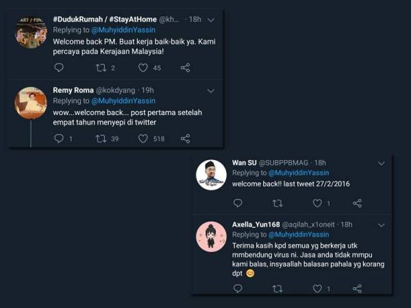 Komen netizen yang gembira Muhyiddin aktif semula di Twitter.