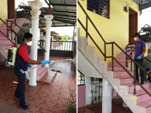 Langkah pembersihan dan sanitasi dilakukan di surau Kampung Padang Lalang hari ini.