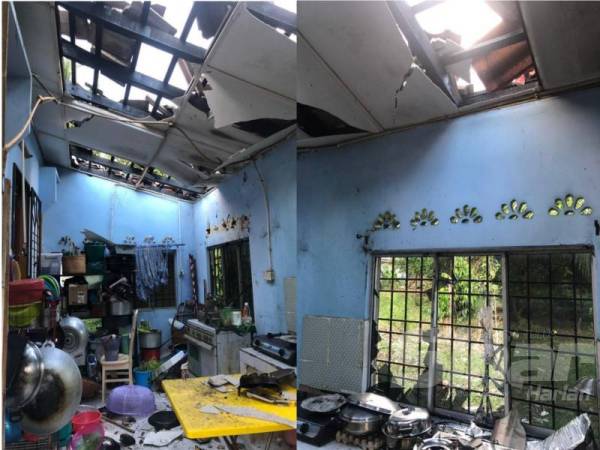 Letupan tong gas LPG bocor di dapur mangsa turut menyebabkan kerosakan bumbung.