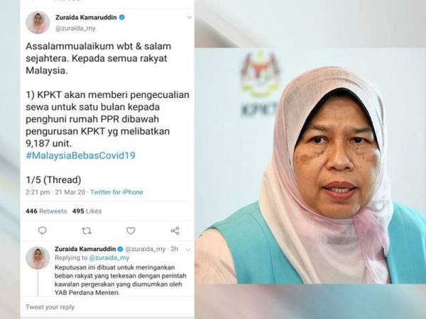 Ciapan pengecualian sewa sebulan di Twitter Zuraida hari ini. Gambar kanan: Zuraida