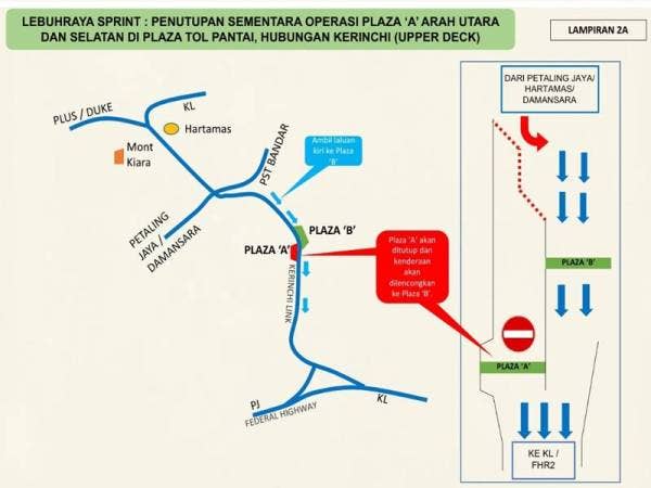 Pengguna lebuh raya akan dilencongkan ke Plaza Tol Pantai (B) berikutan penutupan Plaza Tol Pantai (A).