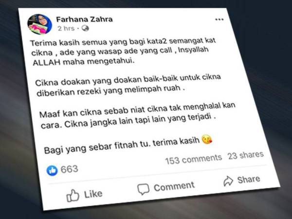 Status yang dimuat naik Farhana Zahra di laman sosial Facebooknya hari ini.