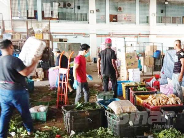 Pengusaha pasar borong Kuantan sibuk membungkus sayur di dalam beg plastik untuk diagihkah kepada warga Kuantan. 