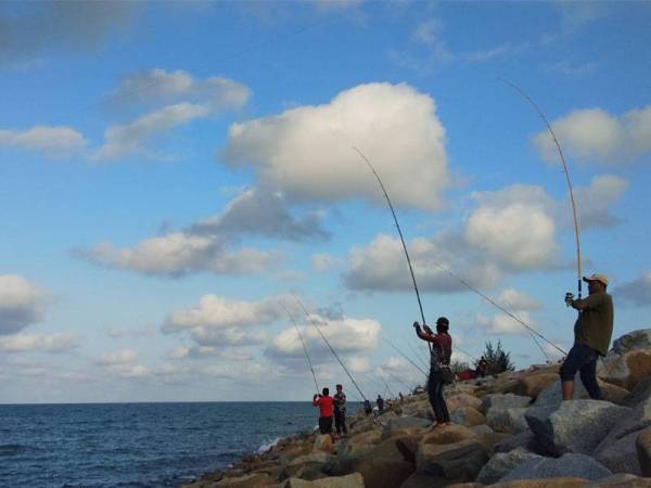 Beginilah suasana kaki pancing di benteng pemecah ombak Pantai Tok Jembal Kuala Nerus apabila tiba musim ebek. - Foto Azrul Abaz 
