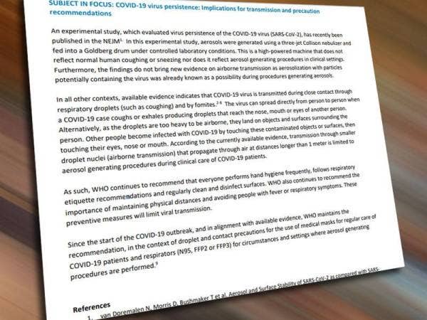 Laporan WHO menjelaskan wabak virus Covid tidak menular melalui ruang udara
