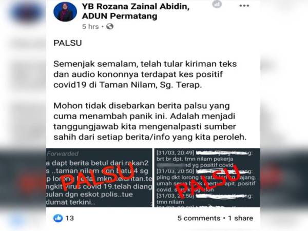 Rozana memuatnaik status di Facebook berhubung kiriman teks di media sosial dan audio kononnya terdapat kes positif Covid-19 di Taman Nilam, Sungai Terap.