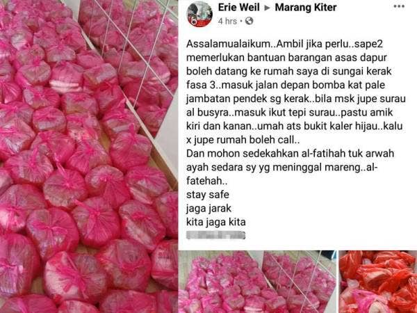 Antara barangan keperluan harian yang diberikan kepada golongan memerlukan. - Foto Facebook Erie Weil