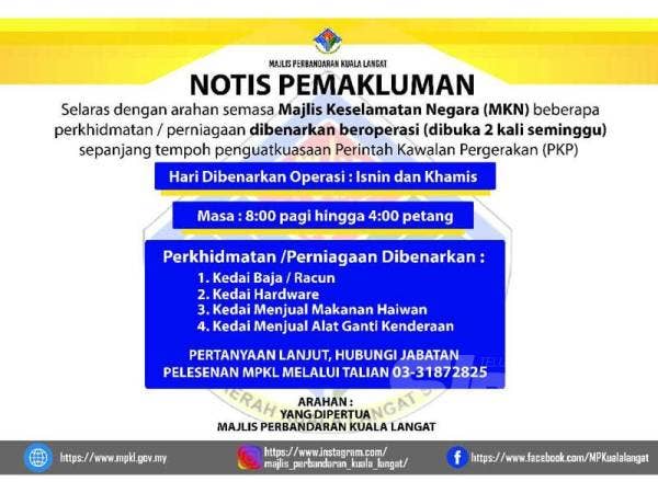 MPKL membenarkan empat jenis perniagaan beroperasi dua kali seminggu sepanjang tempoh penguatkuasaan PKP.