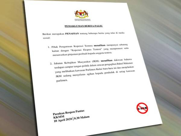 Kenyataan KKMM berhubung penularan berita palsu.