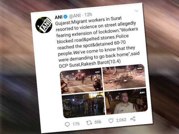 Twitter yang dikongsi mengenai beratus-ratus pekerja migran tunjuk perasaan di Gujarat India