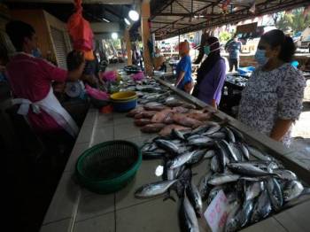 Orang ramai dilihat membeli barangan basah di Pasar Nelayan dekat Pantai Puteri, Melaka pada tinjauan hari ini. - Foto Bernama

