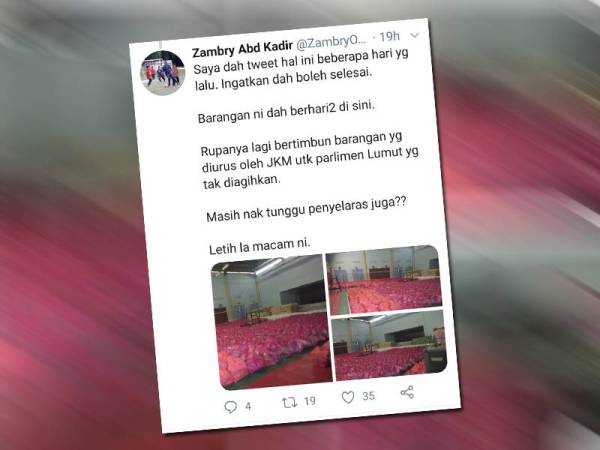 Ciapan ADUN Pangkor, Datuk Ser Dr Zambry Abd Kadir di Twitter berhubung bungkusan bantuan JKM yang masih belum diagihkan.