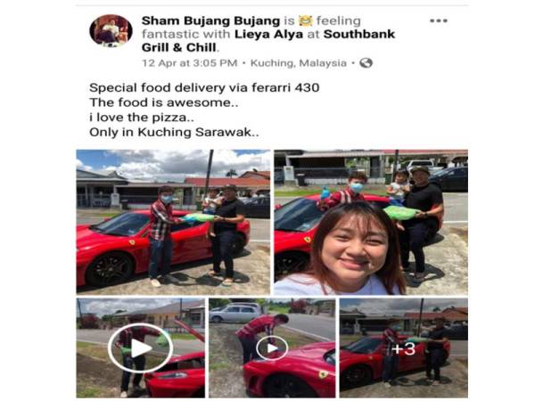 Facebook milik Sham Bujang turut memuat naik beberapa gambar Kenneth menghantar makanan secara istimewa dengan menaiki Ferrari F430 berwarna merah.