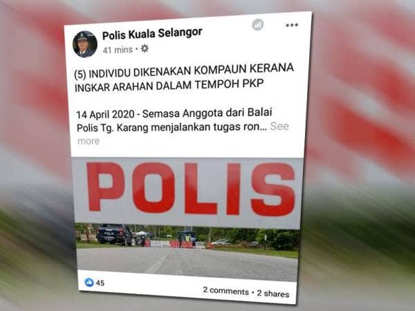 Polis Kuala Selangor memuat naik kenyataan di Facebook berhubung kesalahan dilakukan lima individu terbabit.