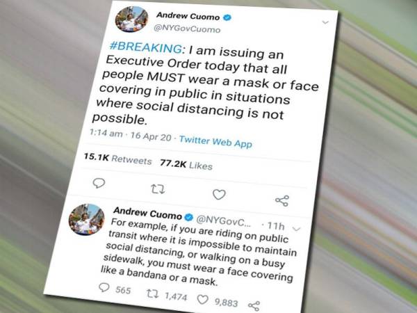 Gabenor New York, Andrew Cuomo mengarahkan pemakaian topeng muka bagi mengelak penularan wabak Covid-19.