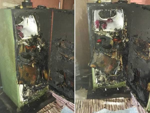 Keadaan peti ais di rumah musnah yang terbakar. FOTO: Ihsan Bomba